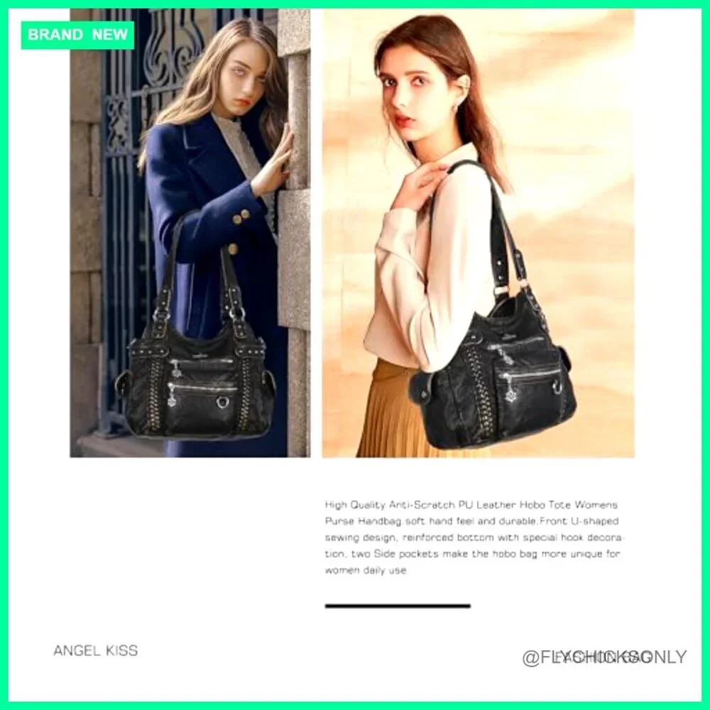 Soft PU Leather Hobo Shoulder Bag with 12 Pockets, Adjustable Strap